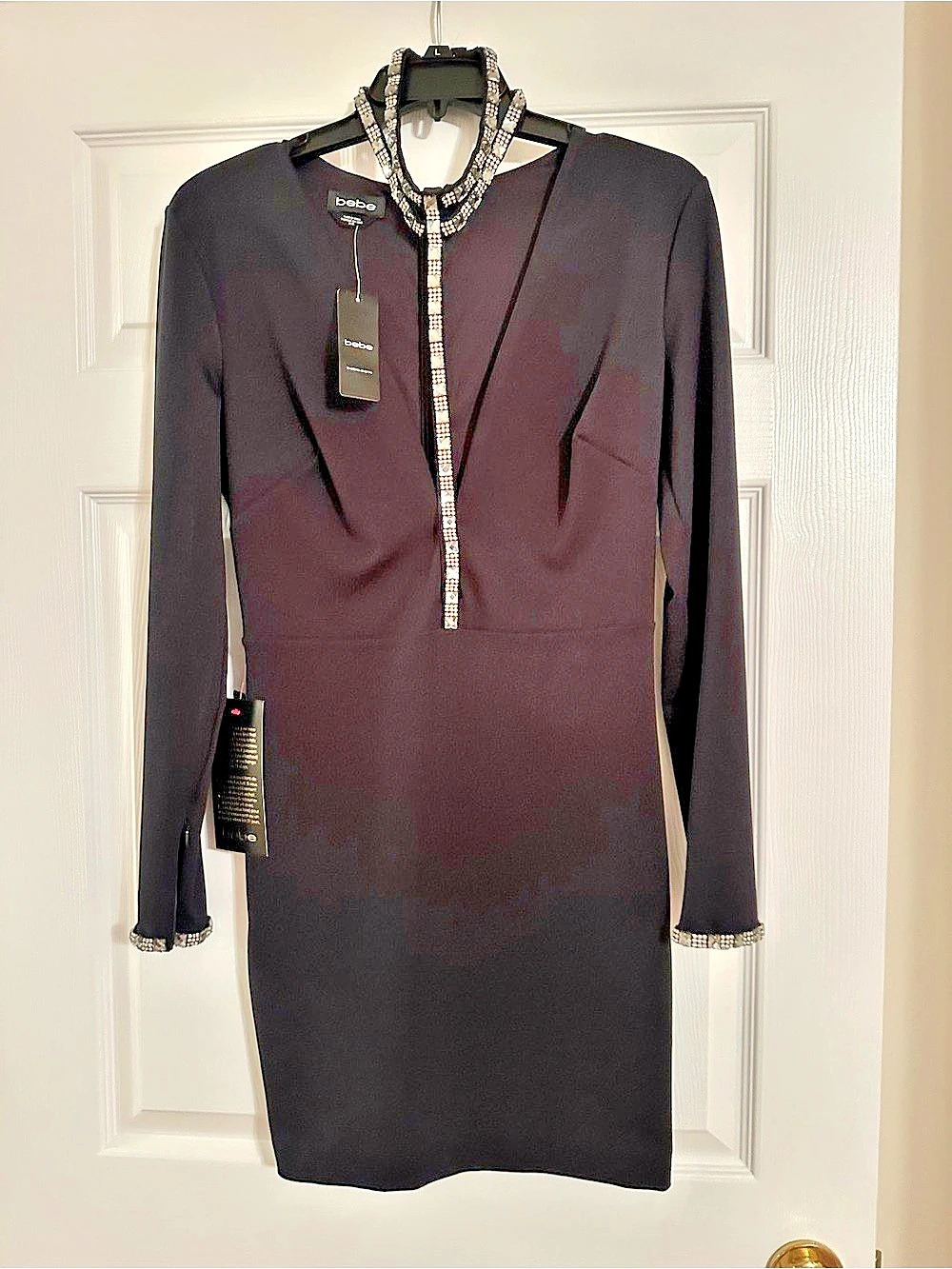 NWT Bebe Black Sasha Plunge Rhinestone Dress Size M